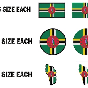 Peut inclure: Six patchs de drapeau de la Dominique de différentes tailles, cinq cercles de drapeau de la Dominique de différentes tailles et un contour de drapeau de la Dominique de différentes tailles. Le texte "6 SIZE EACH", "5 SIZE EACH" et "1 SIZE EACH" est affiché sur le côté gauche de l'image.