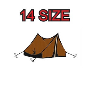 Peut inclure: Une tente marron avec des piquets blancs et le texte "14 SIZE" en rouge.