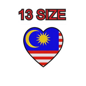 May include: A heart-shaped patch featuring the flag of Malaysia, which includes a yellow crescent and 14-pointed star on a blue field, with red and white stripes. The text 13 SIZE is displayed in black letters with a red outline above the heart.