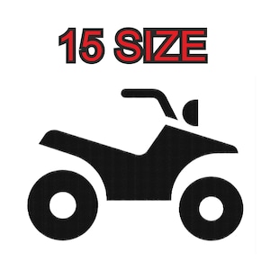 Puede incluir: Silueta negra de un ATV, o vehículo todo terreno, con el texto "15 SIZE" arriba.