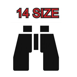 Peut inclure: Jumelles noires avec le texte "14 SIZE" en lettres rouges avec un contour noir.
