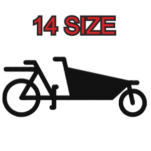 Peut inclure: Silhouette noire d'un vélo cargo avec une grande boîte de chargement, étiquetée "14 SIZE".