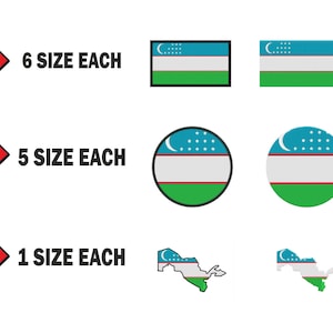 Op de afbeelding: Zes verschillende maten van de vlag van Oezbekistan, vijf verschillende maten van een cirkel met de vlag van Oezbekistan, en één maat van de omtrek van Oezbekistan met de vlag erin. De tekst "6 size each", "5 size each" en "1 size each" wordt weergegeven naast een pijl die naar rechts wijst.