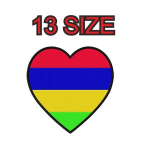May include: A heart-shaped design with a black outline, filled with horizontal stripes of red, blue, yellow, and green. Above the heart, the text "13 SIZE" is displayed in red letters with a black outline.