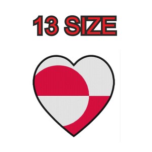 May include: A red and white heart-shaped design with the text "13 SIZE" above it. The heart is a representation of the Greenland flag.