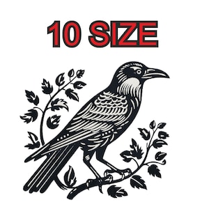Peut inclure: Illustration en noir et blanc d'un corbeau perché sur une branche avec des feuilles. Le corbeau est tourné vers la droite et présente un design détaillé. Le texte "10 SIZE" est au-dessus du corbeau.