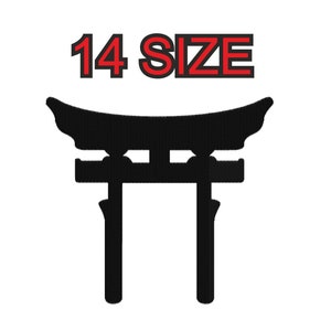 Peut inclure: Silhouette noire d'une porte torii japonaise avec le texte "14 SIZE" en rouge au-dessus.