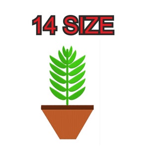 May include: A green plant with a brown pot. The plant has a single stem with multiple leaves. The text "14 SIZE" is above the plant.