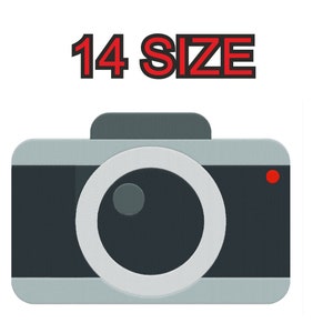 Op de afbeelding: Een grijs camera-icoon met een witte cirkel in het midden en een rood punt aan de rechterkant. De tekst "14 SIZE" staat boven het camera-icoon.