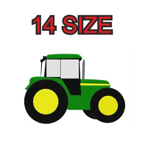 Peut inclure: Tracteur vert avec des roues noires et des centres jaunes. Le tracteur a une cabine noire avec une fenêtre blanche. Le texte "14 SIZE" est au-dessus du tracteur.