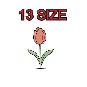 Peut inclure: Une seule tulipe rouge avec des feuilles vertes et une tige. Le texte "13 SIZE" est au-dessus de la fleur.