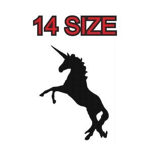 May include: Black silhouette of a unicorn standing on its hind legs with its head turned to the left. The text "14 SIZE" is above the unicorn.