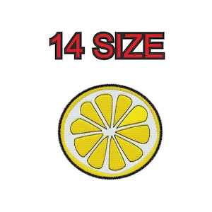 Peut inclure: Un motif de broderie représentant une tranche de citron jaune avec un contour noir. Le motif est intitulé "14 SIZE".