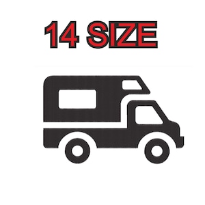 Peut inclure: Silhouette noire et blanche d'un camping-car avec le texte "14 SIZE" en rouge.