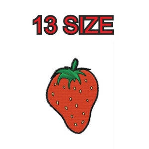 Peut inclure: Écusson brodé d'une fraise rouge avec des feuilles vertes et de petites graines jaunes. L'écusson a un contour noir. Au-dessus de la fraise, le texte "13 SIZE" est affiché en lettres rouges avec un contour noir.