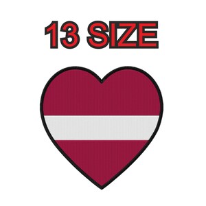 May include: A heart-shaped embroidered patch featuring the Latvian flag design with a horizontal white stripe centered between two dark red sections, bordered by a black edge. The text 13 SIZE is printed in red with a black outline above the patch.