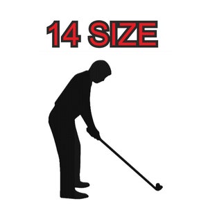Peut inclure: Silhouette d'une personne en position de golf, tenant un club de golf, avec le texte "14 SIZE" au-dessus.