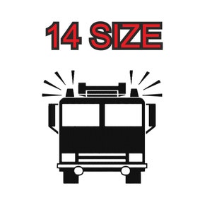 Peut inclure: Silhouette noire et blanche d'un camion de pompiers avec une lumière clignotante sur le dessus. Le texte "14 SIZE" est au-dessus du camion.