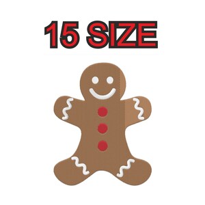 Peut inclure: Un bonhomme en pain d'épices avec du glaçage blanc et des boutons rouges. Le texte "15 SIZE" est au-dessus du biscuit.