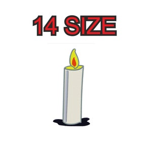 Könnte beinhalten: Eine weiße Kerze mit einer gelben Flamme und einem grauen Umriss. Die Kerze steht auf einer schwarzen Oberfläche. Der Text "14 SIZE" befindet sich über der Kerze.