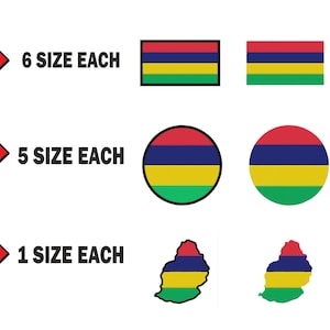 以下が含まれることがあります： 6つの異なるサイズのモーリシャス国旗ステッカー、5つの異なるサイズのモーリシャス国旗円形ステッカー、2つの異なるサイズのモーリシャス国旗アウトラインステッカーのセット。各ステッカーセットの横に「6 size each」、「5 size each」、「1 size each」のテキストが表示されています。