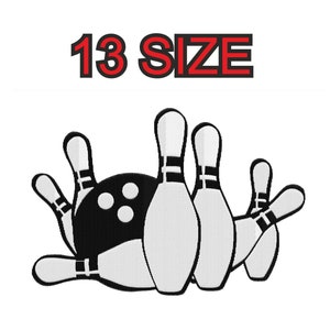 Peut inclure: Illustration en noir et blanc de quilles de bowling et d'un ballon de bowling. Le texte "13 SIZE" est au-dessus de l'image.
