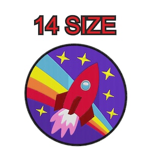 May include: A purple and blue embroidered patch with a red rocket ship flying through a rainbow. The rocket has a white flame and there are yellow stars in the background. The text "14 SIZE" is above the patch.
