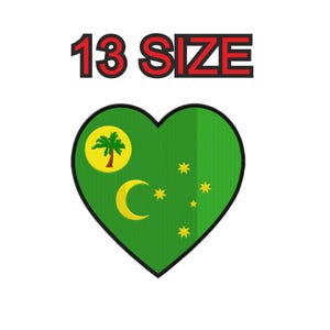 May include: Green heart-shaped design with the flag of the Christmas Islands. The flag features a yellow palm tree, crescent moon, and five yellow stars on a green background. The text "13 SIZE" is above the heart.
