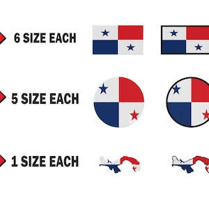 Pode incluir: Seis tamanhos diferentes da bandeira panamenha, cinco tamanhos diferentes de um círculo com a bandeira panamenha e um tamanho de cada um dos dois contornos diferentes do país do Panamá.