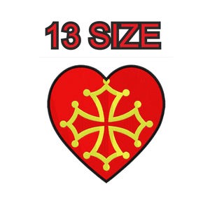 May include: Red heart-shaped design with a yellow cross inside. The cross has a stylised design with rounded edges and small circles at the ends of each arm. The text "13 SIZE" is above the heart.