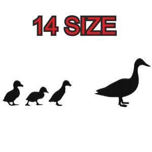 Peut inclure: Silhouette de trois canards en rang, le plus grand à l'arrière et le plus petit à l'avant. Le texte "14 SIZE" est au-dessus des canards.
