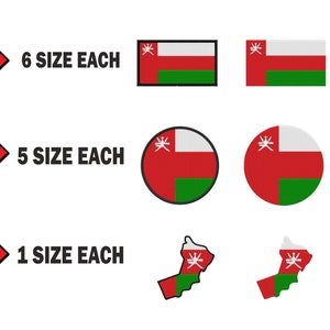 Peut inclure: Six tailles différentes du drapeau d'Oman, cinq tailles différentes d'un cercle avec le drapeau d'Oman, et une taille de chaque pour deux contours différents du pays d'Oman avec le drapeau d'Oman à l'intérieur.