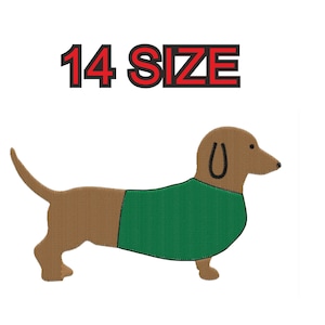 Peut inclure: Broderie représentant un teckel brun portant un pull vert. Le texte "14 SIZE" est au-dessus du chien.