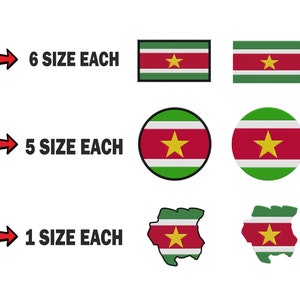 May include: Six different sizes of Suriname flag stickers, five different sizes of Suriname flag circle stickers, and one size of Suriname flag outline stickers.