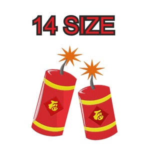 Może przedstawiać: Dwa czerwono-żółte petardy z chińskim znakiem w kolorze złotym na każdym. Petardy mają czarny lont i iskrę w kształcie gwiazdy na górze. Tekst "14 SIZE" znajduje się nad petardami.