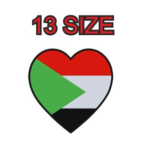 May include: A red, green, white and black heart-shaped patch with the flag of Sudan. The text "13 SIZE" is above the heart.