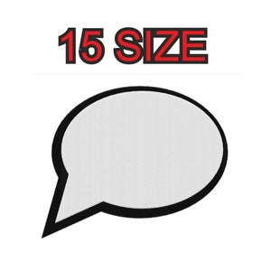 Könnte beinhalten: Eine schwarze und weiße Sprechblase mit weißem Innenraum. Der Text "15 SIZE" ist in roten Buchstaben mit schwarzem Umriss über der Sprechblase geschrieben.