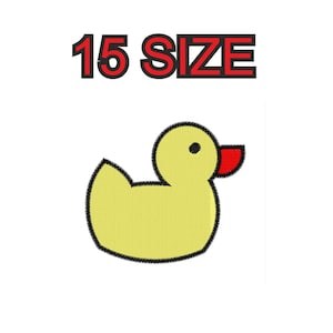 Peut inclure: Un canard en caoutchouc jaune avec un bec rouge et des yeux noirs. Le texte "15 SIZE" est au-dessus du canard.