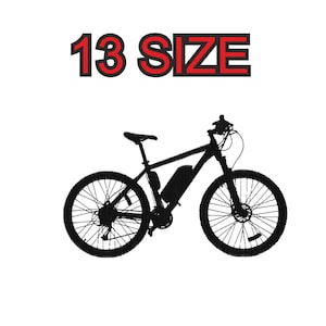 Può includere: Una silhouette nera di una bicicletta elettrica con la scritta 13 size sopra.