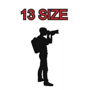 May include: Silhouette of a person with a backpack holding a camera and looking through the viewfinder. The text "13 SIZE" is above the person.