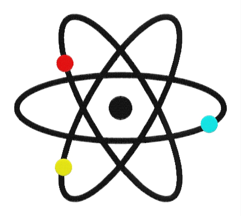 Peut inclure: Un symbole d'atome noir et blanc avec trois &eacute;lectrons en orbite. Les &eacute;lectrons sont rouge, jaune et turquoise.