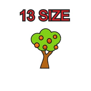 Peut inclure: Un patch brodé représentant un arbre vert avec un tronc brun et des fruits orange. Le texte "13 SIZE" est au-dessus de l'arbre.
