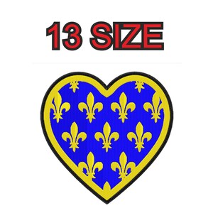 May include: A heart-shaped embroidered patch featuring a blue background with a repeating pattern of yellow fleur-de-lis symbols, bordered by a thick yellow and black edge. The text 13 SIZE is printed in black with a red outline above the patch.