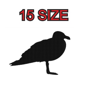 Peut inclure: Silhouette noire d'une mouette avec le texte "15 SIZE" au-dessus.