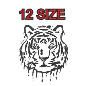 Peut inclure: Illustration en noir et blanc d'un visage de tigre en lignes avec un effet de goutte à goutte. Le texte "12 SIZE" est au-dessus de l'image.