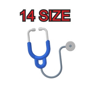 Peut inclure: Un stéthoscope bleu avec un tube argenté et une tête circulaire argentée. Le texte "14 SIZE" est au-dessus du stéthoscope.