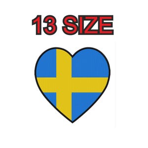 May include: A blue and yellow heart-shaped design with the Swedish flag colors. The text "13 SIZE" is above the heart.