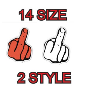 Peut inclure: Deux patchs thermocollants représentant un majeur, l'un rouge et l'autre blanc. Le texte "14 SIZE" et "2 STYLE" est imprimé en rouge.