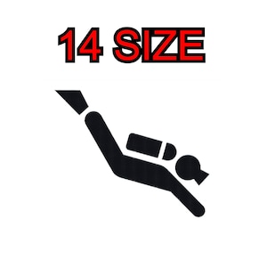 Peut inclure: Silhouette noire et blanche d'un plongeur avec une bouteille d'oxygène. Le texte "14 SIZE" est au-dessus du plongeur.