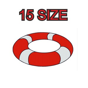May include: Red and white life preserver or life ring with 15 size printed above it.